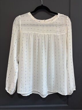 LOFT Cream Long-Sleeve Pintuck Blouse with Blue and Yellow Dot Stripe